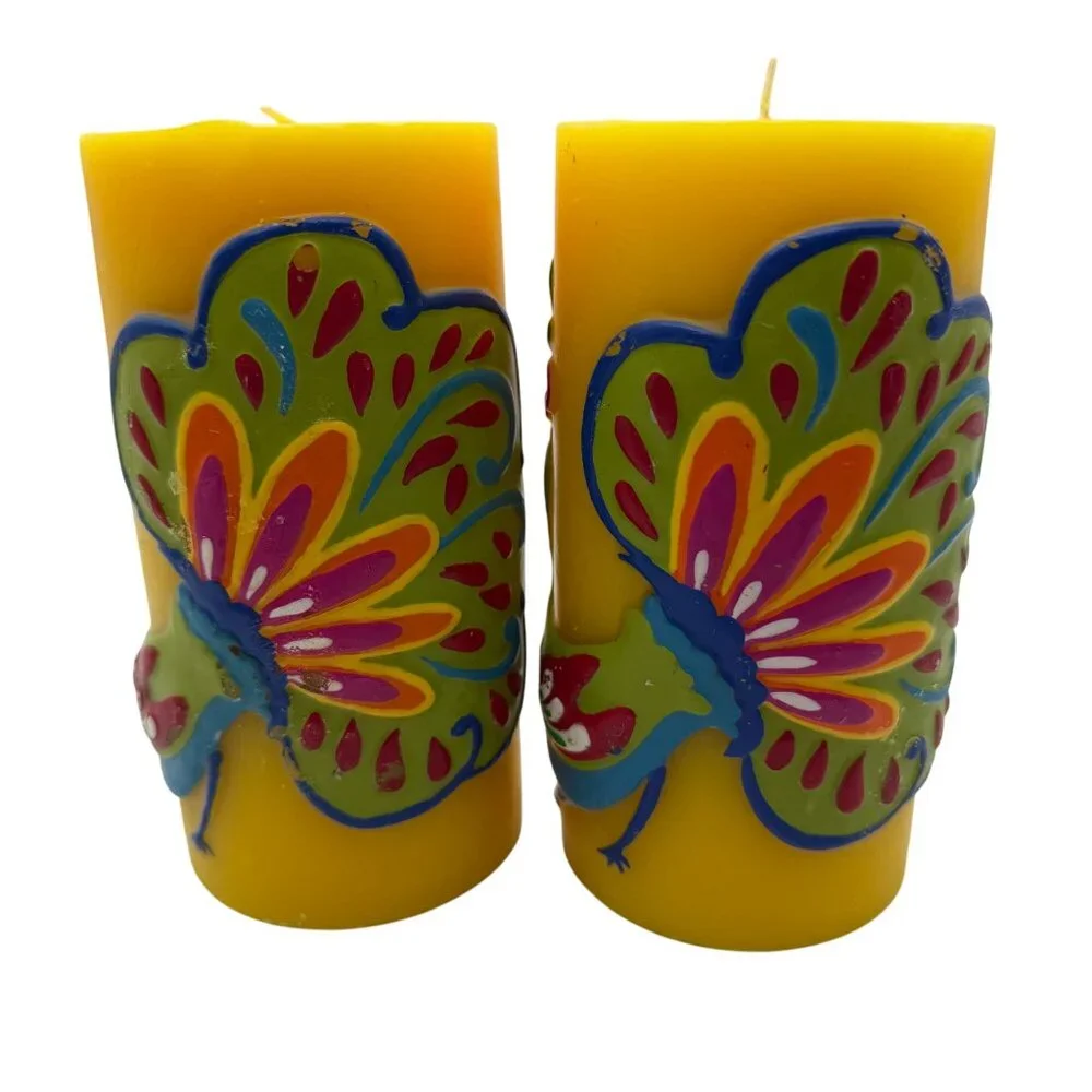 Pier 1 yellow peacock pillar candles set of two summer home decor lake house